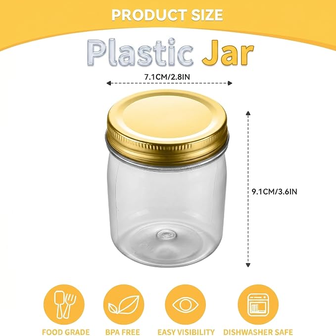 novelinks 8 oz Plastic Mason Jars and Clear Plastic Jars with Lids 8 oz | 24 Pack, Gold, Plastic Containers with Lids, Small Mason Jars, Clear Jars Bulk, Spice Jars, Slime Jars, Mini Jars - Image 2
