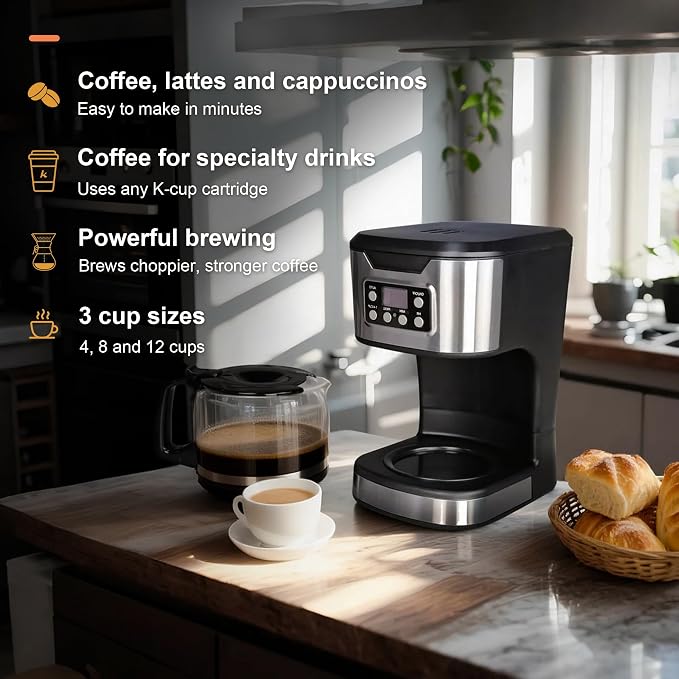 12 Cup Programmable Drip Coffee Maker, Fully Automatic Brewer | Features 1-4 Cup Select Setting, Programmable Timing, Automatic Drip Coffee Machine for Home & Kitchen Use， Stainless Steel - Image 5