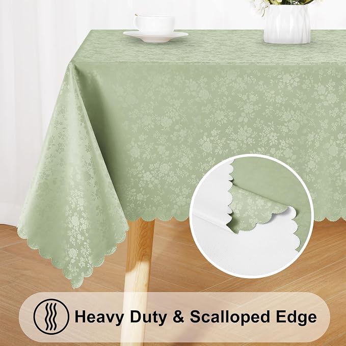 Smiry Rectangle Waterproof Heavy Duty Vinyl Tablecloths, 60 x 102 Inch | Wipeable Washable Floral Embossed Table Cover for Kitchen and Dining Room, Indoor & Outdoor Use, Grass Green - Image 4