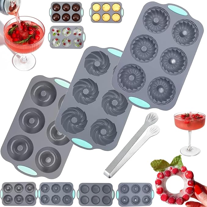 Wreath Ice Mold, Christmas Ice Cube Molds, Silicone Wreath Ice Cubes Tray, 6 Hole Silicone DIY Mold Suitable, Flexible Silicones Easy Release, for Holiday Cocktails/Chocolate/Desserts (A+B+C)