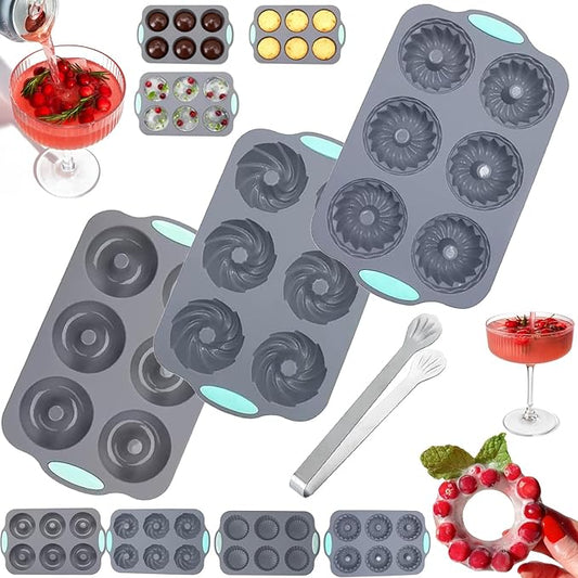 Wreath Ice Mold, Christmas Ice Cube Molds, Silicone Wreath Ice Cubes Tray, 6 Hole Silicone DIY Mold Suitable, Flexible Silicones Easy Release, for Holiday Cocktails/Chocolate/Desserts (A+B+C)