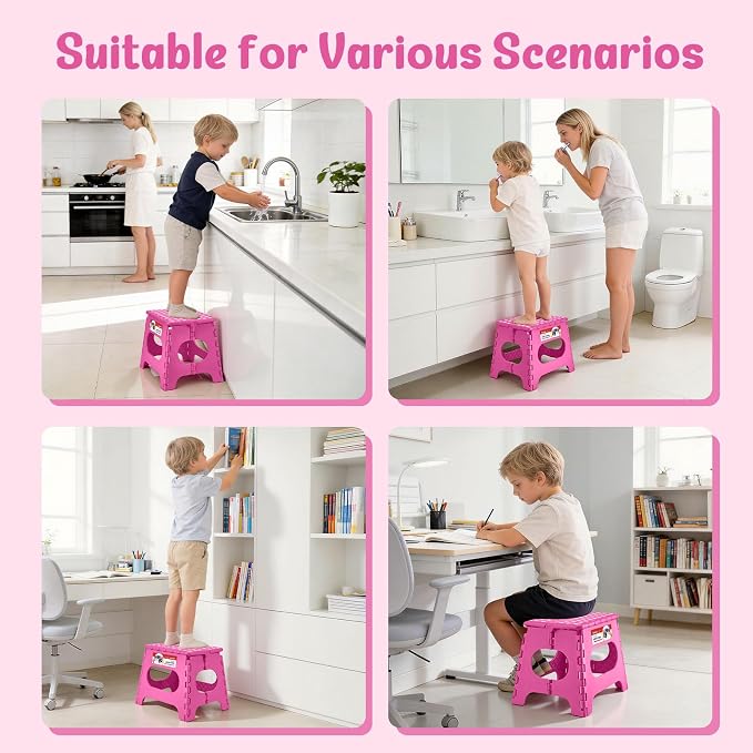 ACSTEP 11" Folding Step Stool for Kids and Adults, Holds 300 lb, Rose red | Heavy Duty Collapsible Foot Stool, Lightweight with Built-in Handle, Non-Slip for Adults Kitchen Bathroom Bedroom Outdoor - Image 5