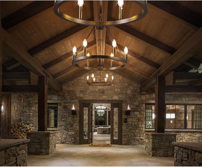 WJShome 20.7" Wagon Wheel Chandelier, 6-Light Black Chandeliers for Dining Room, Farmhouse Foyer Lighting Fixtures, Round Rustic Chandelier, for Kitchen Island, Entryway,Hallway - Image 7