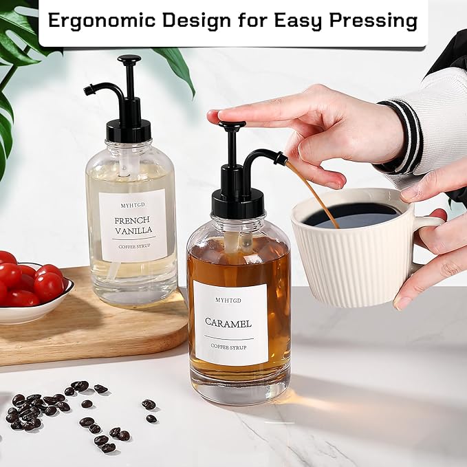 Coffee Bar Accessories,MHDCLY Coffee Syrup Dispenser - 4pack,16.9oz Syrup Dispenser with Labels ，Syrup Pump Dispenser for Coffee Bar(Black pump)