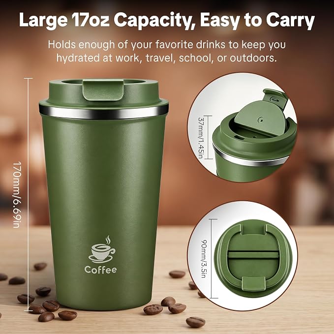 17oz Travel Coffee Mug ,Leakproof Vacuum Coffee Cup Insulated Tumbler | 304 Stainless Steel, Double-Wall Vacuum Insulated, Leakproof, Fits Hot & Cold Drinks Car Cup Holders, Travel, Office - Image 3