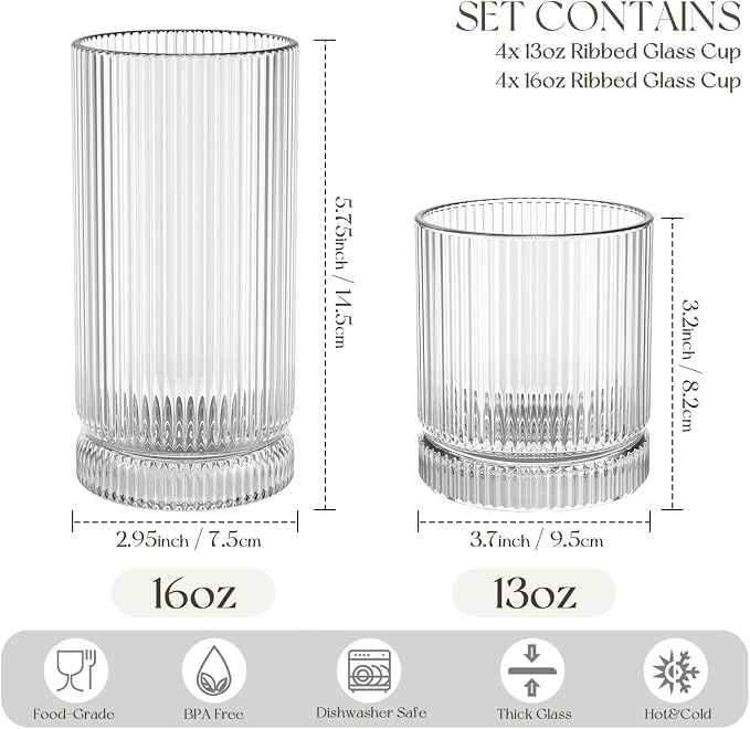 KEMORELA Ribbed Glassware Set of 8—4 Large Capacity Highball Glasses 16oz, 4 Rocks Glass Cups 13oz, Cocktail Glasses, Drinking Glasses Ideal for Beer, Juice, Ice Coffee Cup, Whiskey, Mixed Drinkware - Image 2