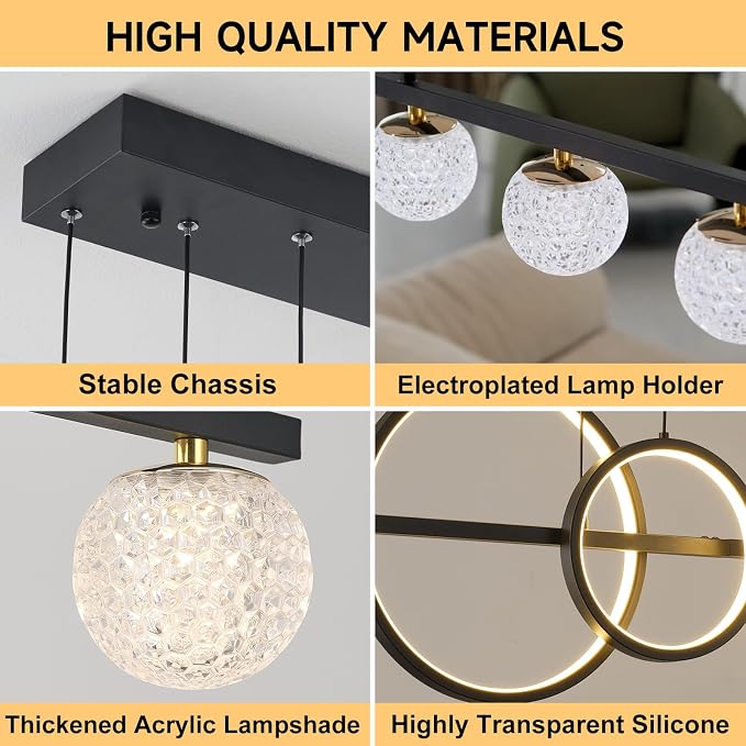 ORANOOR Modern Black Gold Chandeliers, 47inch Dimmable LED Pendant Light | Linear LED Chandelier for Dining Room Kitchen Island, Upgraded 6 Globe Hanging Pendant Chandeliers Lighting (2 Rings, 4200lm) - Image 3