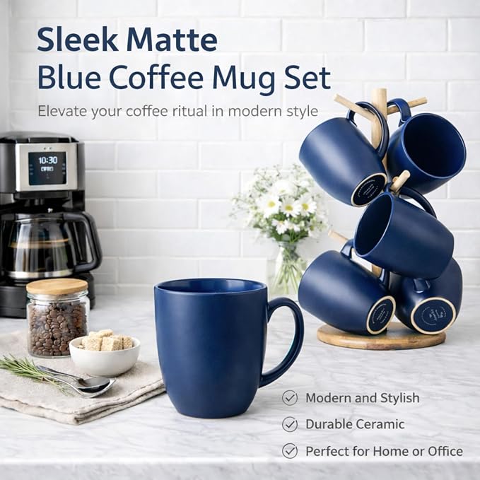 AmorArc 12oz Coffee Mugs Set of 6, Large Ceramic Coffee Mugs for Men, Women, Dad, Mom, Modern Coffee Cups With Handle For Tea,Latte,Cappuccino,Cocoa. Dishwasher&Microwave Safe, Matte Blue - Image 8