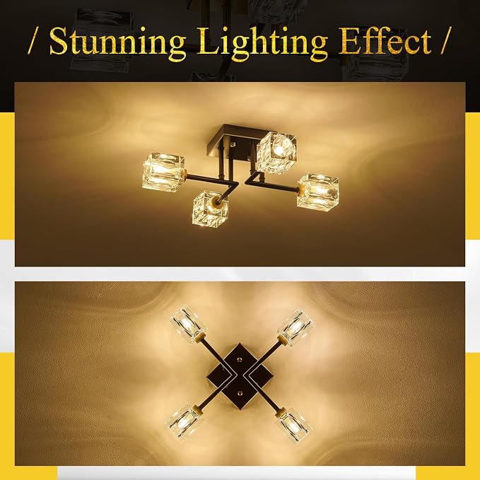 Black Gold Sputnik Chandeliers Industrial 18" Crystal Semi Flush Mount Ceiling Light Fixture 4-Light Modern Chandelier for Hallway Entryway Kitchen Bedroom Dining Room - Image 6