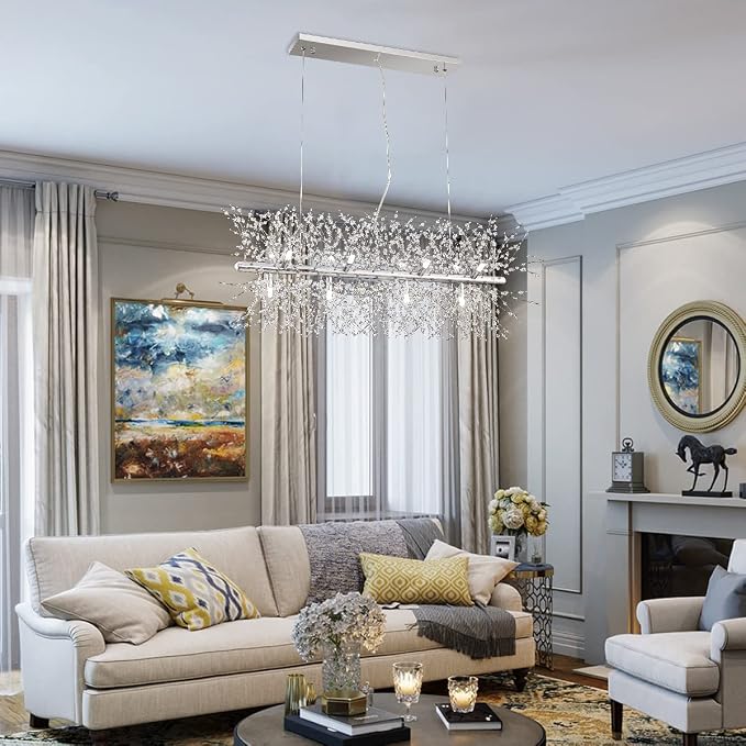 Modern Chrome Crystal Firework Chandelier Linear Lighting Fixtures | 35.5" Sputnik Ceiling Light Fixture Rectangular Hanging Pendant Light for Kitchen Island Dining Room Living Room 12-Lights - Image 2