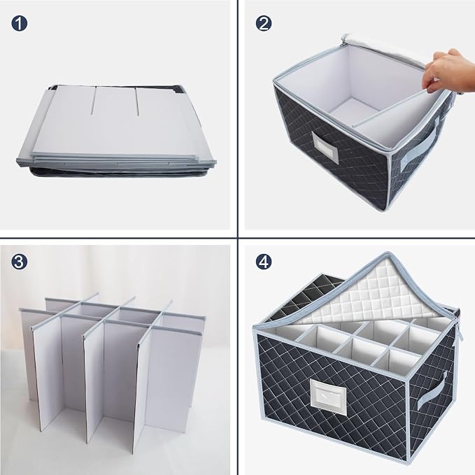 Wine Glass Storage Box with Dividers Holds 24 Stemware Storage Cases or China Crystal Glassware Containers with Handles and Lable Window (15.5" x 12.5"x10")-Set of 2 Grey - Image 6