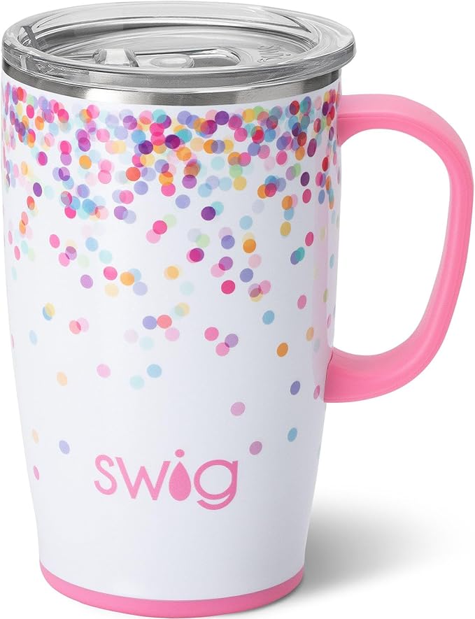 Swig Life 18oz Insulated Travel Mug with Handle & Lid, Confetti | Triple Insulated Stainless Steel - Handle & Lid Included - Keeps Coffee Hot or Cold - Cup Holder Friendly by SwigLife