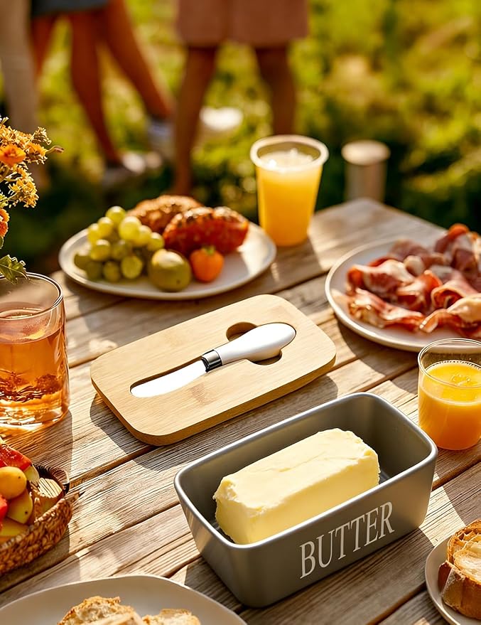 Ceramic Butter Dish with Lid and Knife & Silicone Seal for Countertop Grey | Suitable Capacity, Great Sealing, Home Decor Kitchen Gift Housewarming Gift - Image 7