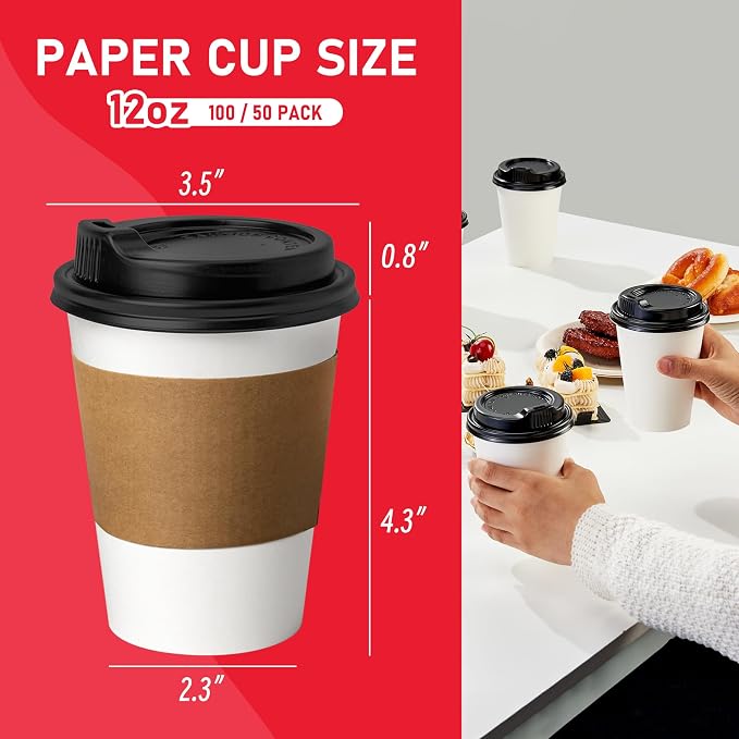 12 oz 100 Pack Coffee Cups with Lids and Sleeves, Hot Paper Coffee Cups with Lids, Disposable To Go Cups with Lid for Coffee, Tea, Hot Chocolate, Ideal for Cafes, Offices and Travel - Image 2