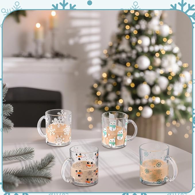 Tioncy 4 Pcs Winter Coffee Glass Mugs 12 oz Christmas Snowman Glass Cups with Handle Winter Coffee Cup Snowflakes Mug White Holiday Gifts Drinking Containers for Xmas Party Supplies - Image 4