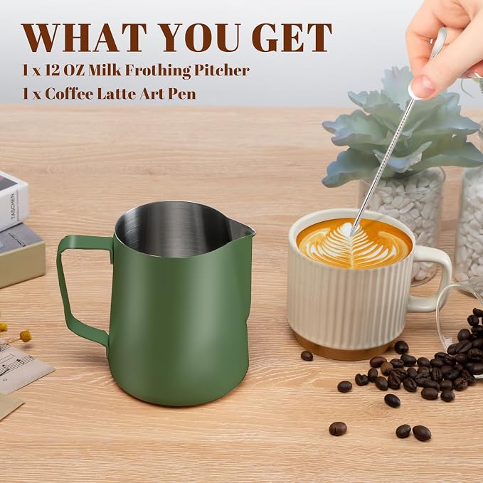 Amrules Milk Frothing Pitcher, 12 oz Milk Frother Cup with Clear Scale, 304 Stainless Steel Cappuccino Espresso Machine Accessories for Barista Coffee Bar with Latte Art Pen, Green - Image 3