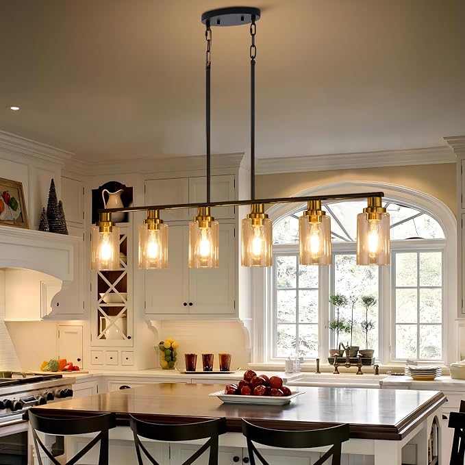 Island Light for Kitchen, 6-Light Farmhouse Dining Room Light Fixture with Clear Glass Shade, 44.3'' Matte Black and Gold Linear Chandelier Pendant Lighting for Dining Table Kitchen Living Room - Image 6