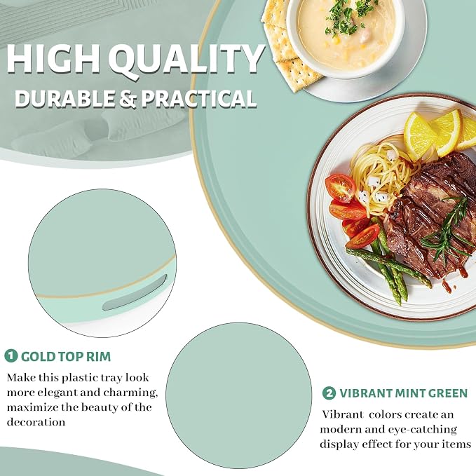 MAONAME 13" Mint Green Decorative Tray, Round Serving Tray with Handles | Plastic Decorative Tray for Coffee Table, Modern Ottoman Tray, Circle Tea Tray, Round Melamine Tray for Living Room, Bathroom - Image 3