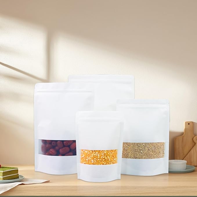 50PCS 8"X12" Kraft Paper Bags with Window,Reusable White Stand Up Pouches for Food Storage,Resealable Zipper Lock Packaging Bags for Small Business&Personal,Candy,Cookie,Snacks,Tea,Coffee - Image 8