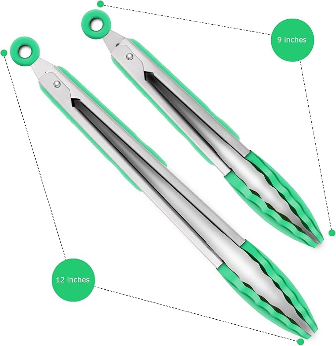 2 Pack Silicone Kitchen Tongs – 9" & 12" Set, Heat Resistant up to 500°F, Non‑Stick Cookware Safe, Wavy Silicone Tips, BPA Free, Locking Clip & Hanging Loop, Dark Green - Image 4
