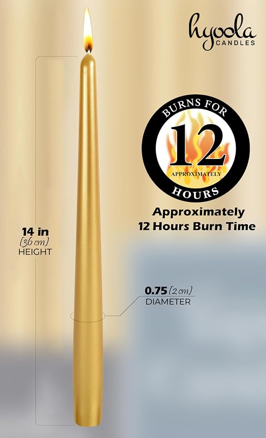 Hyoola Tall Taper Candles - 14 Inch Metallic Gold Dripless, Unscented Dinner Candle - Paraffin Wax with Cotton Wicks - 12 Hour Burn Time (Pack of 12) - Image 4