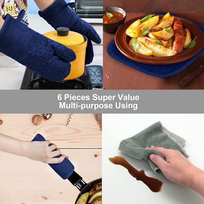 KEGOUU Oven Mitts and Pot Holders 6pcs Set, Kitchen Oven Glove High Heat Resistant 500 Degree Extra Long Oven Mitts and Potholder with Non-Slip Silicone Surface for Cooking(Marine Blue) - Image 7