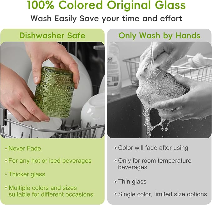 Moretoes 12 Pack 10 Oz Green Vintage Hobnail Drinking Glasses Set | Cocktail Glasses Vintage Glassware, Textured Glass Cups Bubble Glasses Water Glasses Old Fashion Jupiter Glasses Set - Image 6