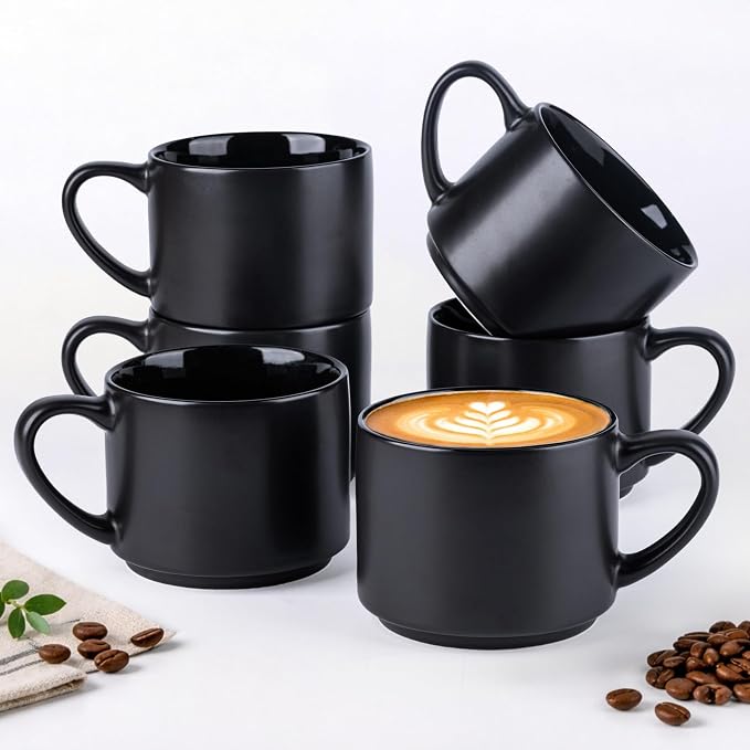 GBhome 14 OZ Coffee Mugs Set of 6, Stackable Ceramic Mugs for Men, Women, Modern Coffee Cups With Stable Base for Latte, Tea, Cappuccino. Dishwasher & Microwave Safe, Matte Black by GBhome