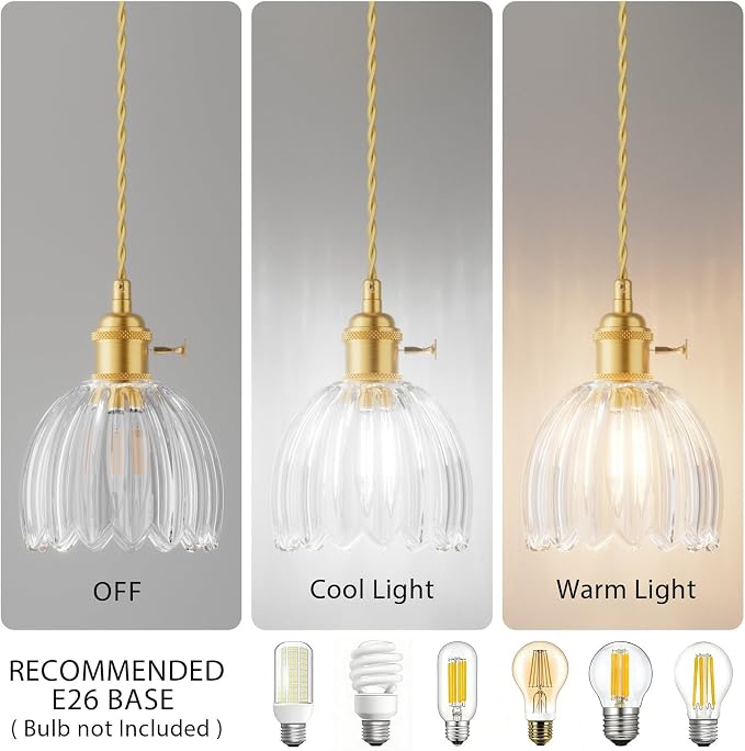 Ralbay Vintage Pendant Lights Kitchen Island,Clear Tulip Glass Shade,3Packs | Mini Pendant Light Fixture with Switch, Adjustable Brass Hanging Light for Bedroom, Dining Room, Hallway, Bar - Image 3
