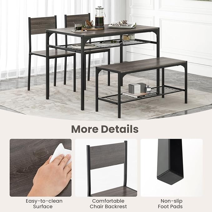 Giantex Dining Table Set for 4, Kitchen Table with Chairs & Bench, Storage Racks, Metal Frame, 4-Piece Space-Saving Dinette Set for Dining Room, Breakfast Nook, Small Space, Apartment, Grey - Image 6