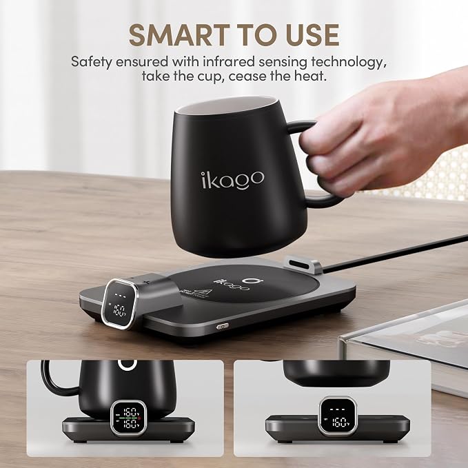 Coffee Cup Warmer & iKago Mug Set, 1℉ Precise Temp Control Mug Warmer | Auto Shut Off, Infrared Sensor, Dual Temp Display, ℉/℃ Optional, 15oz Mug with Spoon & Lid Included, Gifts for Men Women - Image 7
