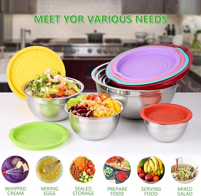 Leidawn Mixing Bowls with Lids for Kitchen - 25 PCS Stainless Steel Nesting Colorful Mixing Bowls Set for Baking,Mixing,Serving & Prepping,Size 5, 3.7, 2.8, 2.3, 1.7, 1.1, 0.7QT,11 Cooking Utensils - Image 7