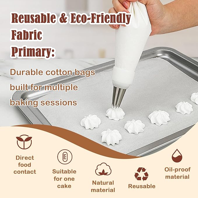 9-Piece Reusable Piping Bags and Tips Set-16inch Cotton Baking Kit with Coupler, Stainless Steel Nozzles & Cleaner for Cakes/Cupcakes/Cookies Decorating