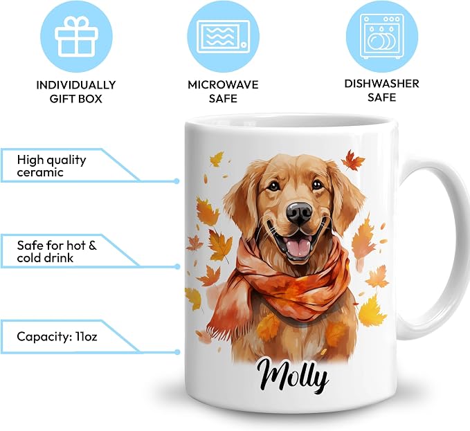 Hyturtle Personalized Fall Dog Maple Leaves Coffee Mug, Fall Autumn Décor | Birthday Gifts For Dog Lovers, Golden Retriever Gift For Farmhouse Thanksgiving Custom Name 11oz White Ceramic Coffee Tea Mug - Image 3