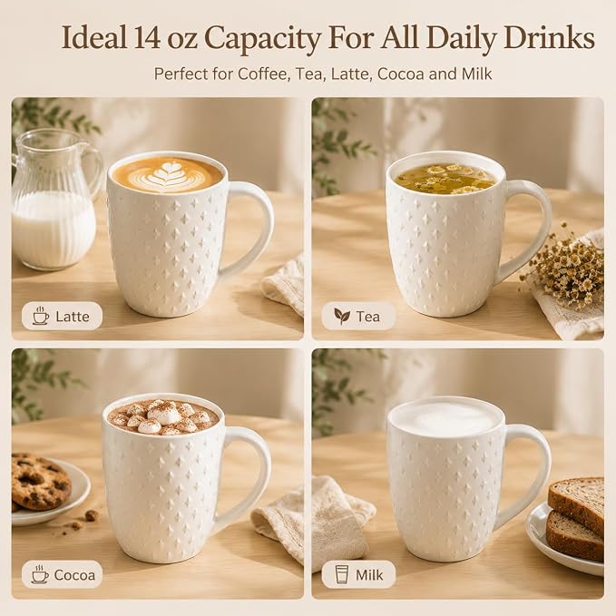 14 oz Ceramic Coffee Mugs Set of 4, White Stoneware Cups with Handle | Porcelain Mugs, Microwave & Dishwasher Safe, Coffee Mug for Tea, Coffee, Latte, Premium Kitchen & Housewarming Gift Set - Image 5