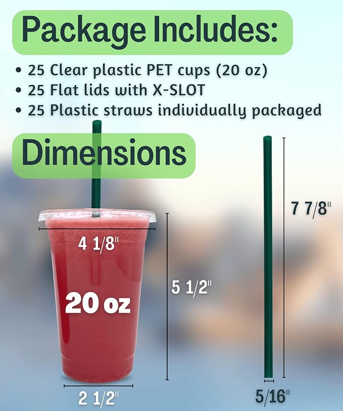 Cappatua 20 oz Clear Plastic Cups with Lids and STRAWS, Disposable Drinking Cups for Cold Drinks, Iced Coffee, Milkshakes, Smoothies, 25 Sets - Image 3