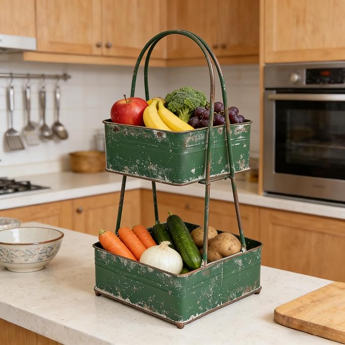 Vintage Metal Storage Basket 2-Tier 25.98" H Farmhouse Distressed Kitchen Counter Organizers Rustic Double-Layer Organizing Bin for Kitchen Pantry (Green) - Image 4