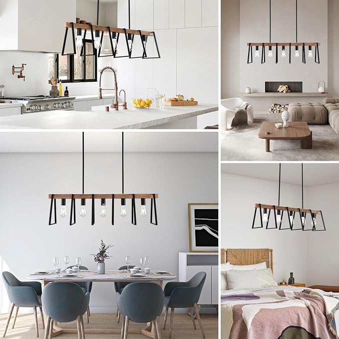 Rustic Wood Chandeliers Farmhouse 5 Light Dining Room Light Fixtures Mid Century Modern Black Linear Chandelier Industrial Kitchen Island Rectangle Pendant Light - Image 8