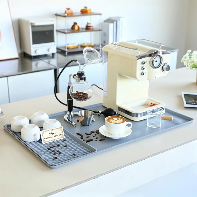 2 In 1 Extra Large 16"x28" Silicone Coffee Bar Mat Accessories for espresso Machine Detachable Dish Drying Rug Rack Stone Kitchen Dining Gears Coffee Station Home Decor Clearance Light Gray by CAKETIME