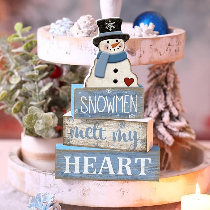 Moucuny 4 Pcs Winter Table Decorations Blue and White Snowman Decor Winter Tiered Tray Decor Valentines Day Centerpiece Rustic Decorative Hat Snowman Block Signs Gift Farmhouse for Home Kitchen Shelf - Image 6
