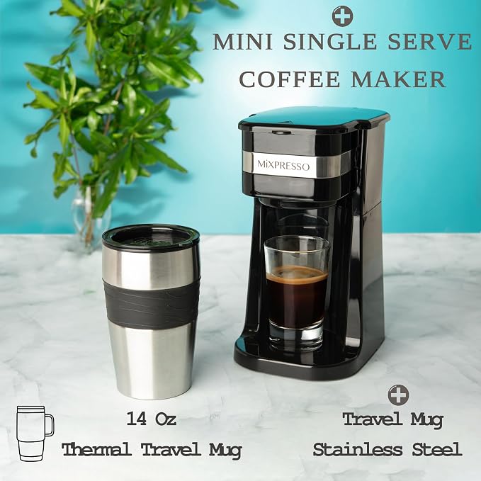 Mixpresso Single Serve & Single Cup Coffee Maker with 14oz Travel Mug Black | For ground coffee only, reusable filter, auto shut off. Compact personal drip coffee maker, not compatible with K-Cup pods. - Image 5