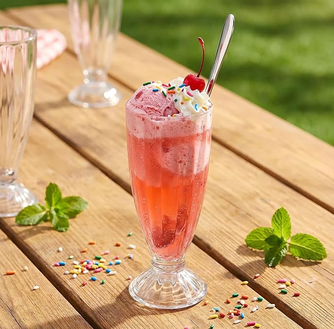 Cedilis Set of 6 Milkshake Glass, 12oz Old Fashion Sundae Cups, Retro Ice Cream Float Glasses, Heavy Base Soda Fountain Glassware with 6 Long Stainless Steel Spoons - Image 5