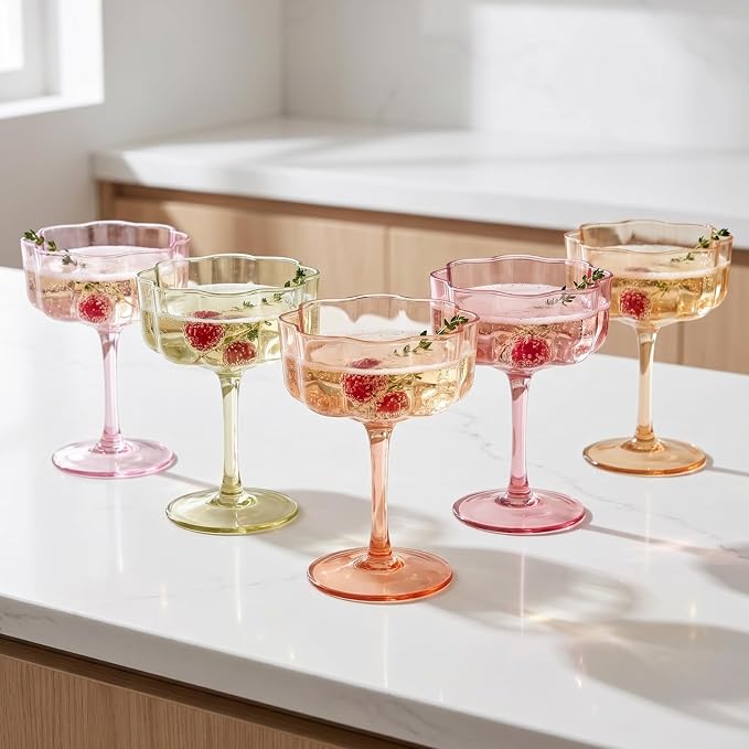 Summer Flower Scalloped Vintage Wavy Petals Wave Glass Coupes 7oz Colorful Martini, Champagne & Cocktails, 5 Set Colored Rippled Champagne Glasses, Elegant Bar Glassware, Aesthetic Coupe Glassware - Image 8