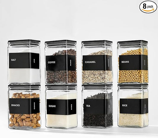 Glass Storage Jars with Bamboo Lids, 27oz Square Spice Jars for Kitchen Pantry Organization, Glass Seasoning Bottles Spice Containers with Labels for Cereal Flour Beans Tea by Unknown