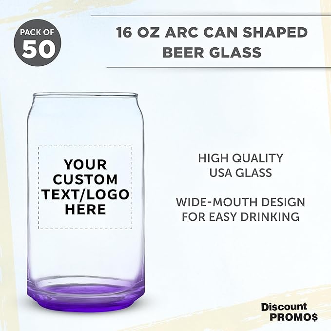 Custom Beer Can Glasses Set of 50, 16 oz. Pint Sized, Promotional Text, Logo, Soda Can Shape, Glassware, Purple