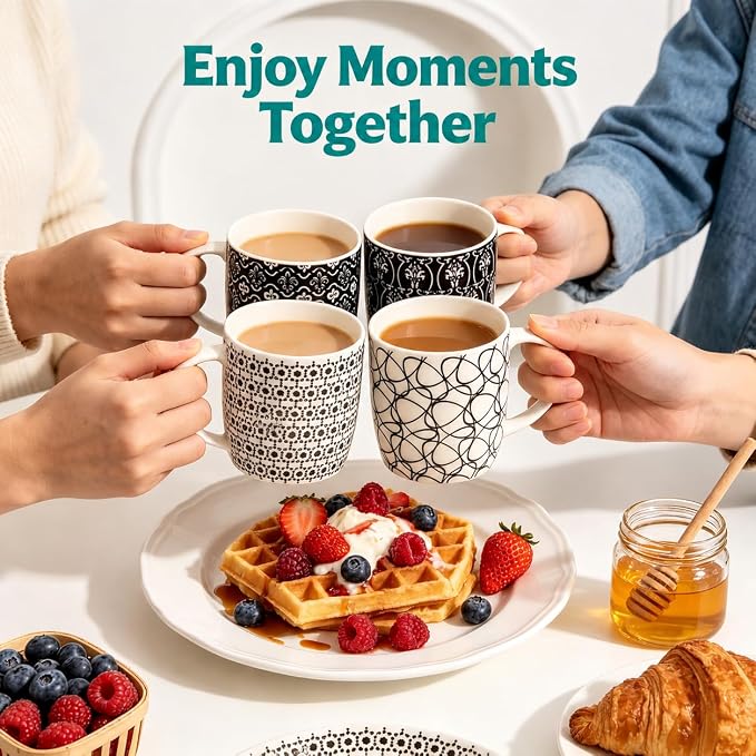 Okllen 6 Pack 11.5 Oz Coffee Mugs Geometric Textured, Ceramic Coffee Mugs Stylish Tea Cup Mugs Set Gift for Latte, Cappuccino, Milk, Water, Cocoa, Cereal, Black and White - Image 9