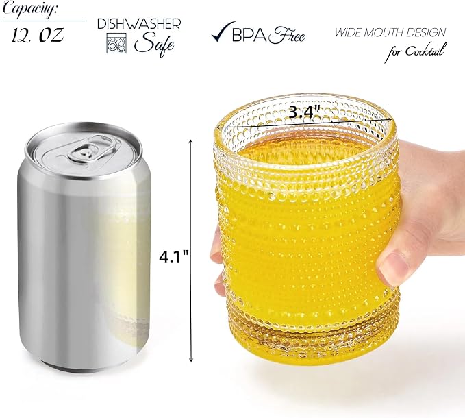 ZOOFOX Set of 6 Romantic Water Glasses, 12 oz Hobnail Glasses Tumbler, Clear Embossed Vintage Glassware Set for Beer, Cocktail, Soda, Beverages - Image 2