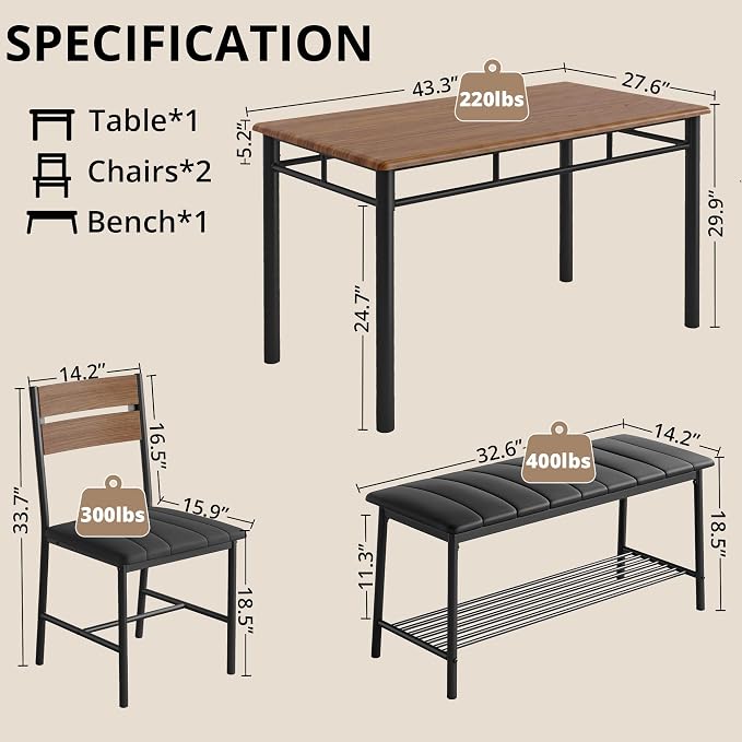 IRONCK Dining Table Set for 4, Kitchen Table and Chairs Set, Walnut | Kitchen Table with Upholstered Bench and 2 Chairs for Small Space, Apartment - Image 2