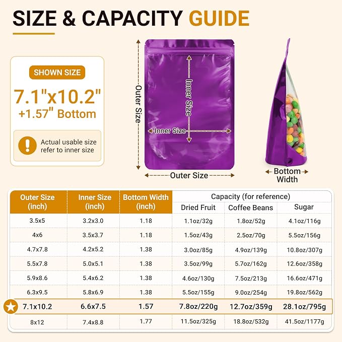 ANZNKU 100PCS Mylar Bags Resealable Large Smell Proof Bag(Purple, 7.1x10.2) | Stand Up Foil Pouches Clear Window, Sealable Bags for Small Business Packaging Snack Party Favors Candy Treats Food Storage - Image 2
