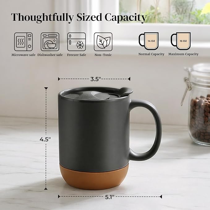 DOWAN Coffee Mugs, 15 oz Upgraded Coffee Mug with Silicone Bottom, Large Ceramic Coffee Mug set of 2 with Spill Proof Lid for Mom Dad, Big Mug for Latte Tea, Matte Grey - Image 2